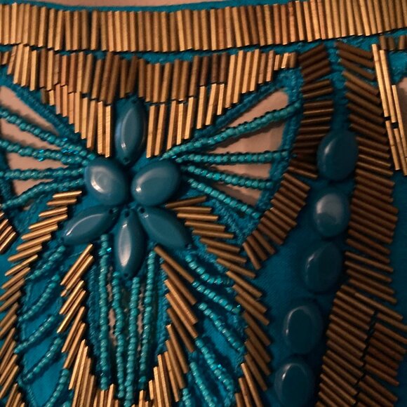 FAB LUX ANNE KLEIN NY BEJEWLED SHEATH LETS PARTY LINEN BLEND DRESS TURQUOISE - Picture 6 of 11